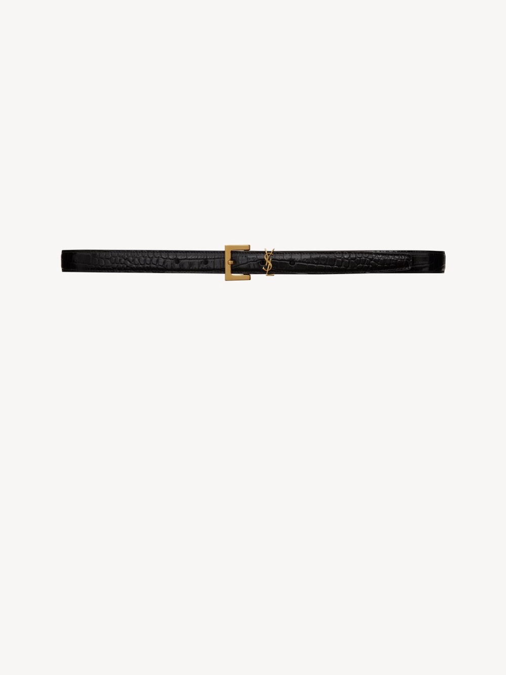 Saint Laurent Cassandra Black Croc-Embossed Leather Thin Belt with Gold Buckle